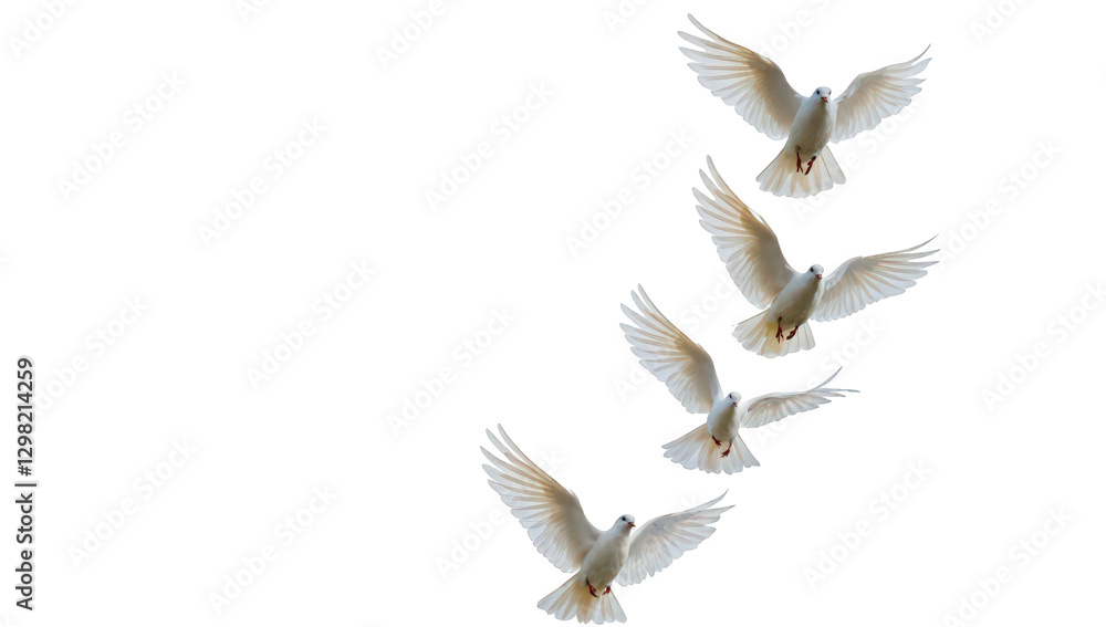 Obraz premium Graceful White Doves in Flight Captured Against a Pure White Background Isolated on a white background