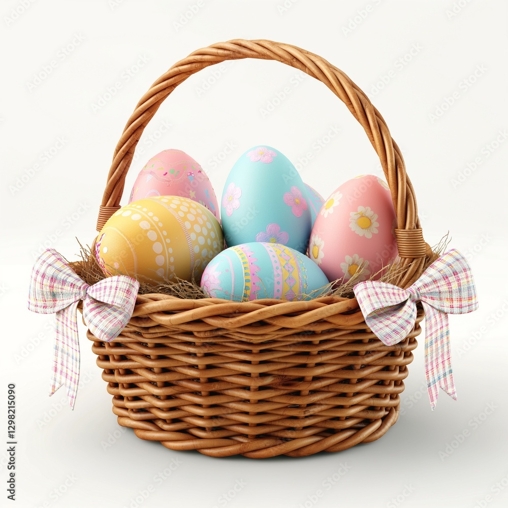 Naklejka premium A charming wicker basket filled with beautifully decorated Easter eggs in pastel colors, perfect for spring festivities.