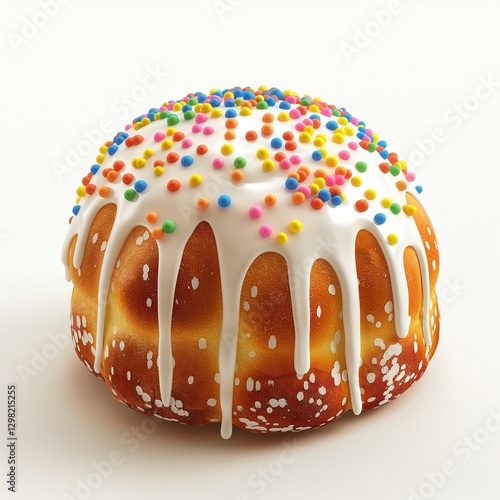 A deliciously topped vanilla bundt cake adorned with colorful sprinkles, perfect for celebrations.