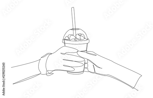 Continuous one line drawing of fruit smoothie vendor handing a glass of smoothie to the customer, street food concept, single line art