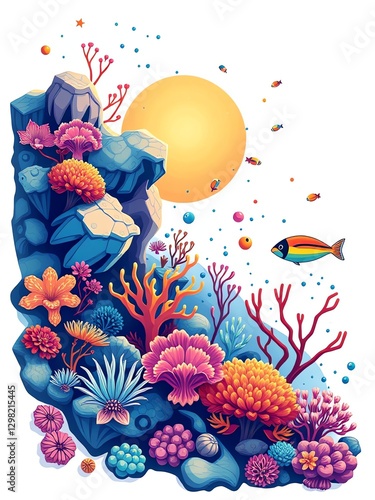 an image of a colorful coral reef scene with fish and rocks, there is a colorful coral reef with fish and rocks photo