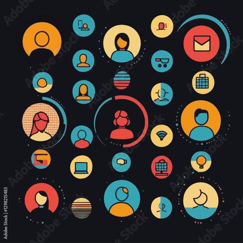 Social Network of People and Icons Connected, Communication and Technology