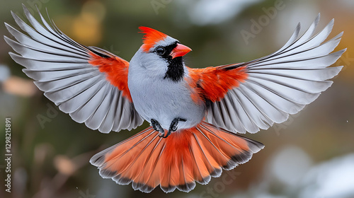 Northern Cardinal in Flight, Wings Spread, Forest Background