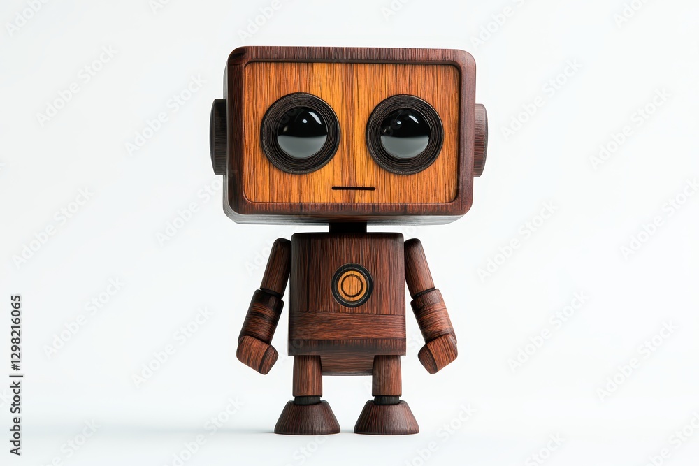 Fototapeta premium Wooden robot figure with glossy black eyes standing against a light background