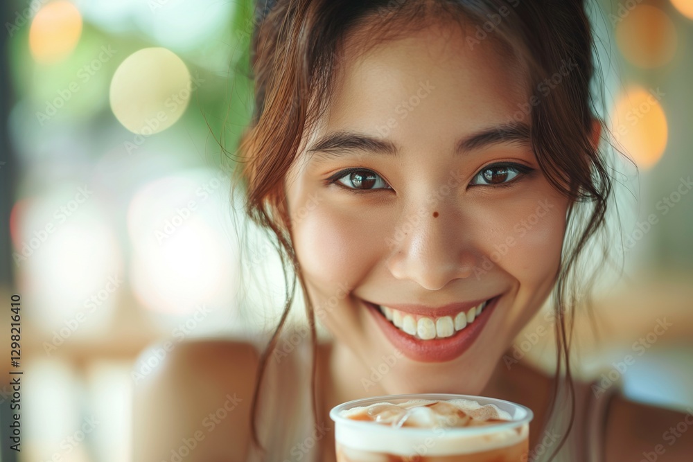 Cheerful young Asian woman with a radiant smile enjoying a refreshing iced beverage in a cozy, inviting setting. Cheerful young Asian woman with a radiant smile enjoying a refreshing iced beverage in a cozy, inviting setting.