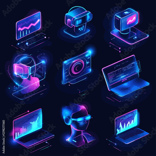 Futuristic VR technology and glowing data visualizations on digital devices