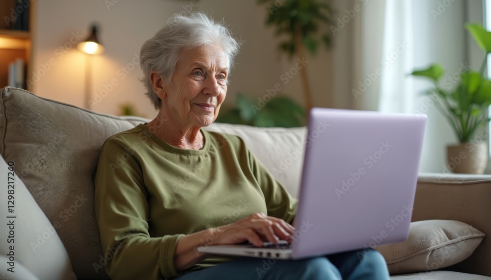 Old woman using laptop at cozy home office. Senior lady types email or chat online. Mature female works remote. Pensioner surfs internet, shops in app. Modern technology, social media. Old woman using laptop at cozy home office. Senior lady types email or chat online. Mature female works remote. Pensioner surfs internet, shops in app. Modern technology, social media.