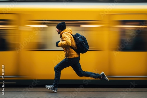 Young bearded man with a backpack running energetically to catch a moving train at a bustling berlin metro station in germany, embodying the rush of urban travel and adventure