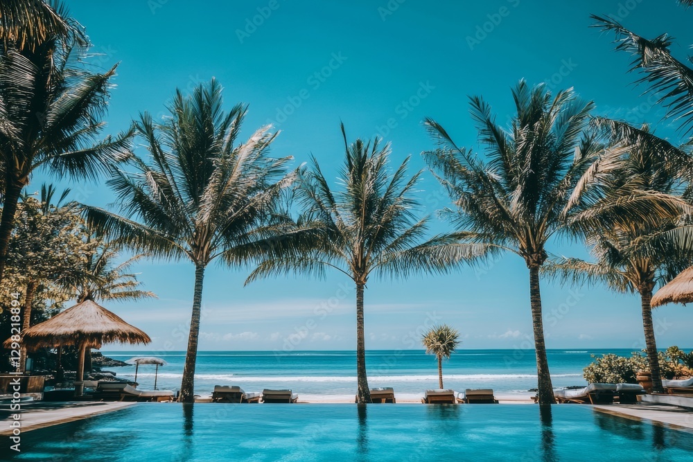 A beautiful tropical beach with palm trees and rocks on the left side, a blue sky in the background. A beautiful tropical beach with palm trees and rocks on the left side, a blue sky in the background.