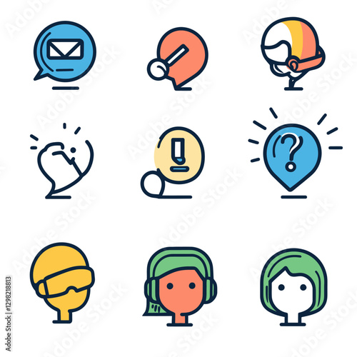 Creative business process icons showing ideas, support, and communication