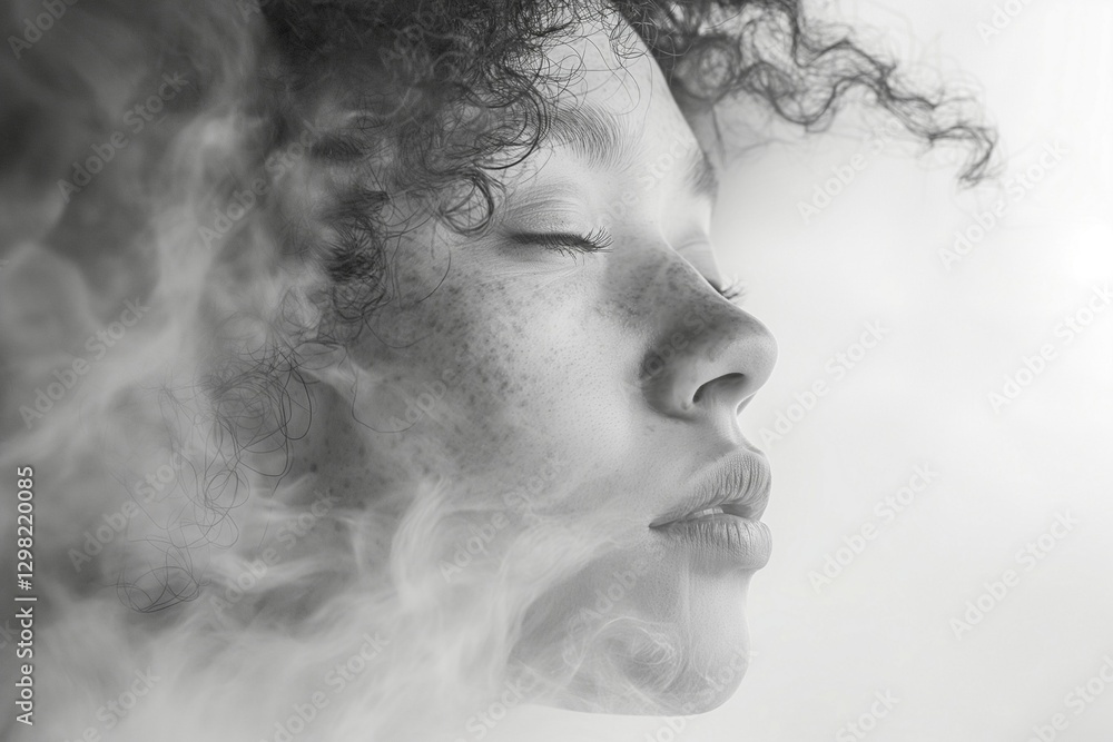 A serene profile of a young mixed-ethnicity woman with curly hair and freckles, enveloped in soft, ethereal smoke. A serene profile of a young mixed-ethnicity woman with curly hair and freckles, enveloped in soft, ethereal smoke.