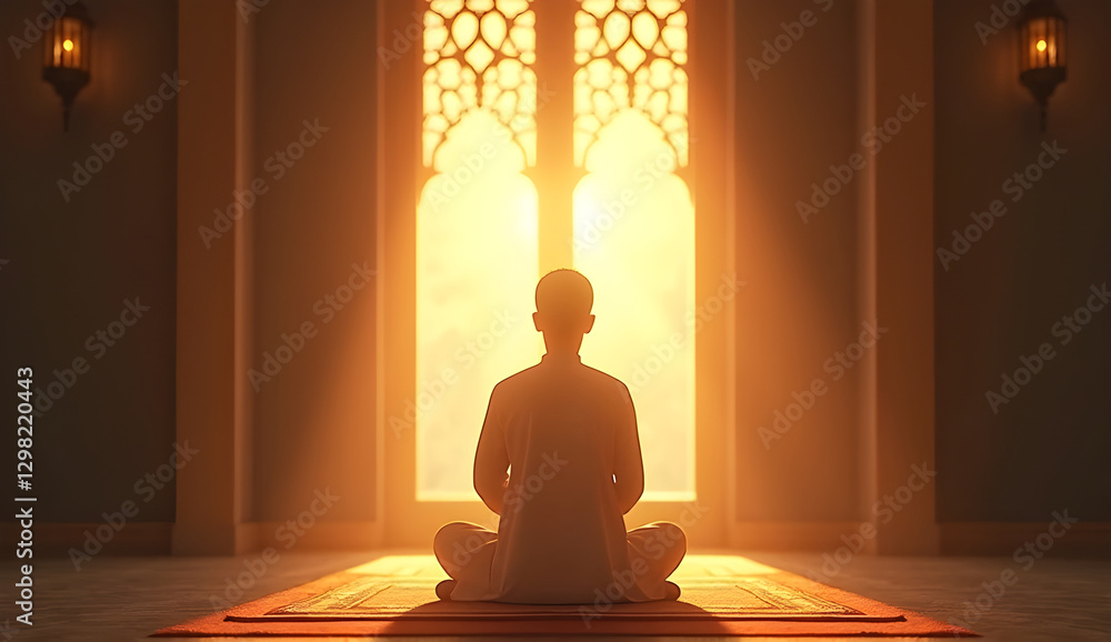 Back view of muslim man meditating on prayer rug inside mosque during ramadan kareem at sunset Back view of muslim man meditating on prayer rug inside mosque during ramadan kareem at sunset