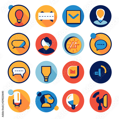 Colorful Icon Set Representing Business Communication, Strategy, and Ideas