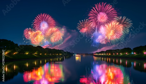 Spectacular fireworks festival over river nighttime celebration vibrant colors scenic viewpoint joyous atmosphere photo