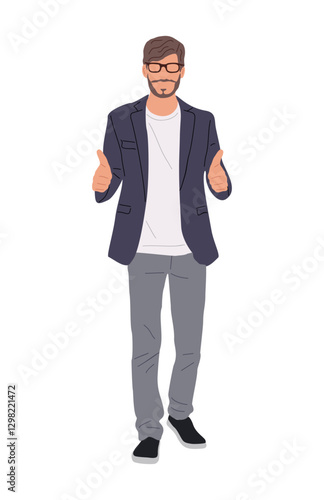 Happy man wearing smart casual office outfit in winning pose with thumbs up celebrating victory, success. Businessman cartoon male character vector realistic Illustration isolated
