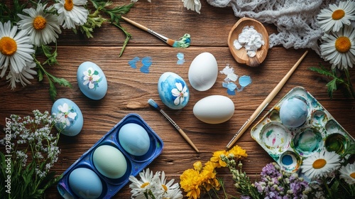 Colorful easter egg painting with fresh spring flowers on wooden table photo