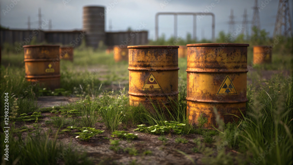 Abandoned Industrial Site with Rusty Barrels and Warning Symbols in Overgrown Landscape Abandoned Industrial Site with Rusty Barrels and Warning Symbols in Overgrown Landscape