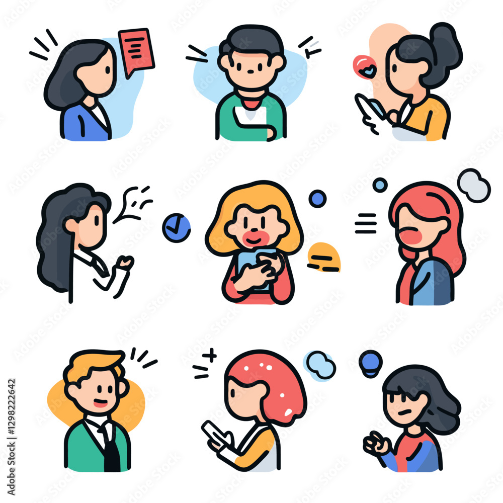 Diverse Group Communication Icons Depicting Chatting, Thinking, and Work Diverse Group Communication Icons Depicting Chatting, Thinking, and Work