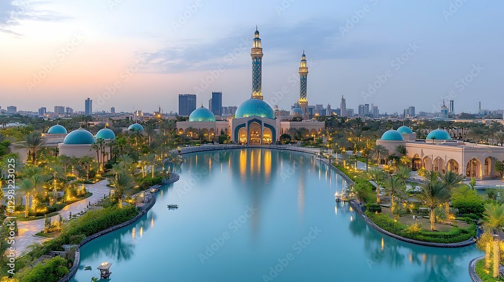 Obraz premium Sunrise Mosque Reflection, Cityscape Panorama