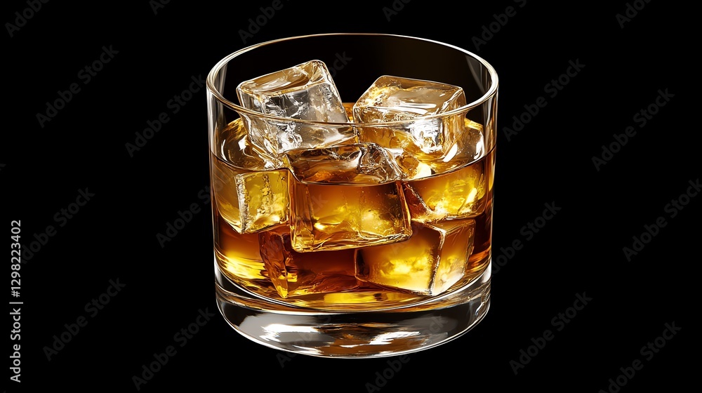 A whiskey glass with ice cubes and an amber drink A whiskey glass with ice cubes and an amber drink