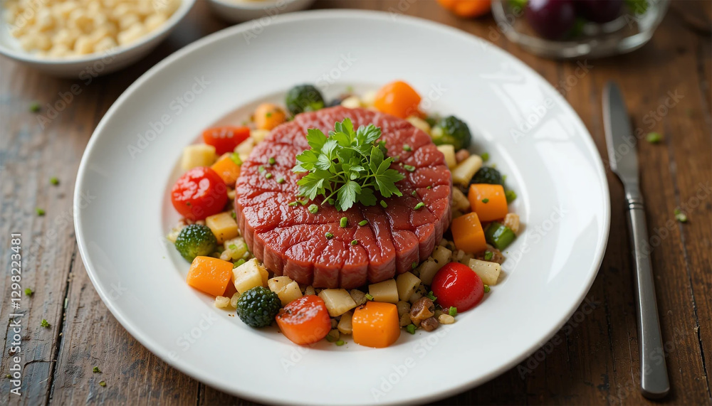 Elegant Steak Tartare with Fresh Herb Garnish and Vibrant Accents Elegant Steak Tartare with Fresh Herb Garnish and Vibrant Accents