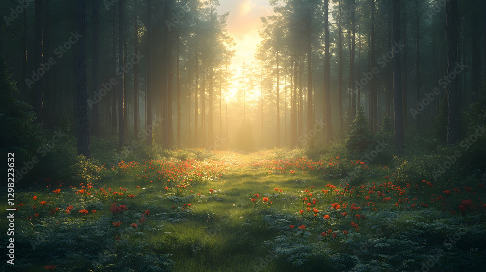 Fototapeta premium Sunlit Forest Path, Flowers, Misty Dawn