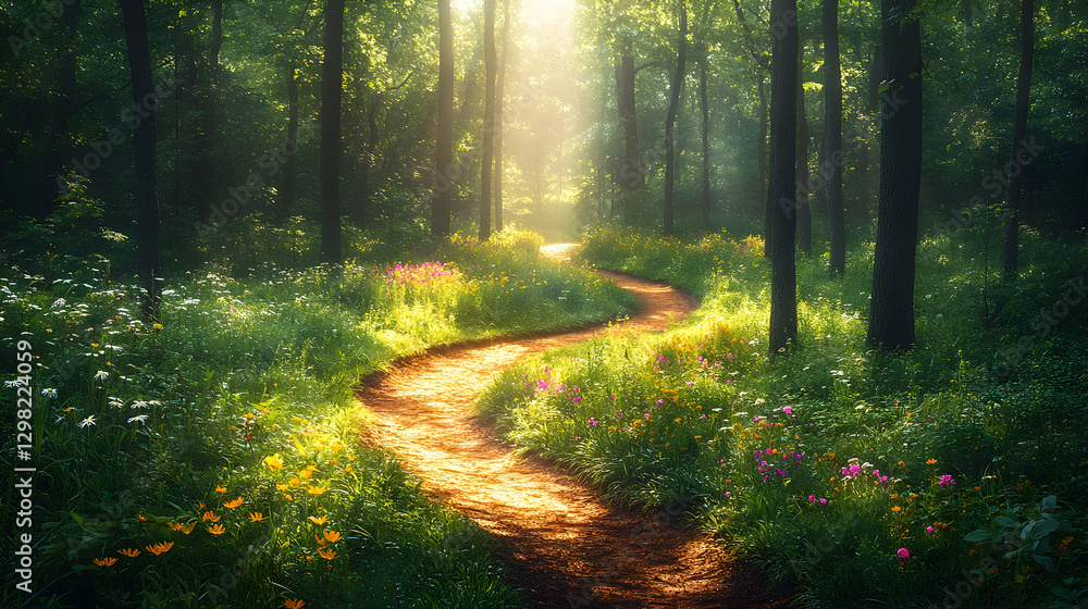 Obraz premium Sunlit Path Winding Through Misty Forest Meadow