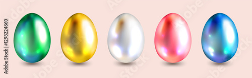 Image showcases five glossy eggs in vibrant colors: green, yellow, white, pink, and blue against a soft pastel background. The eggs appear shiny with a reflective surface.