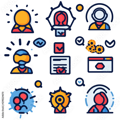 Teamwork skills vector icon set; career development, evaluation process