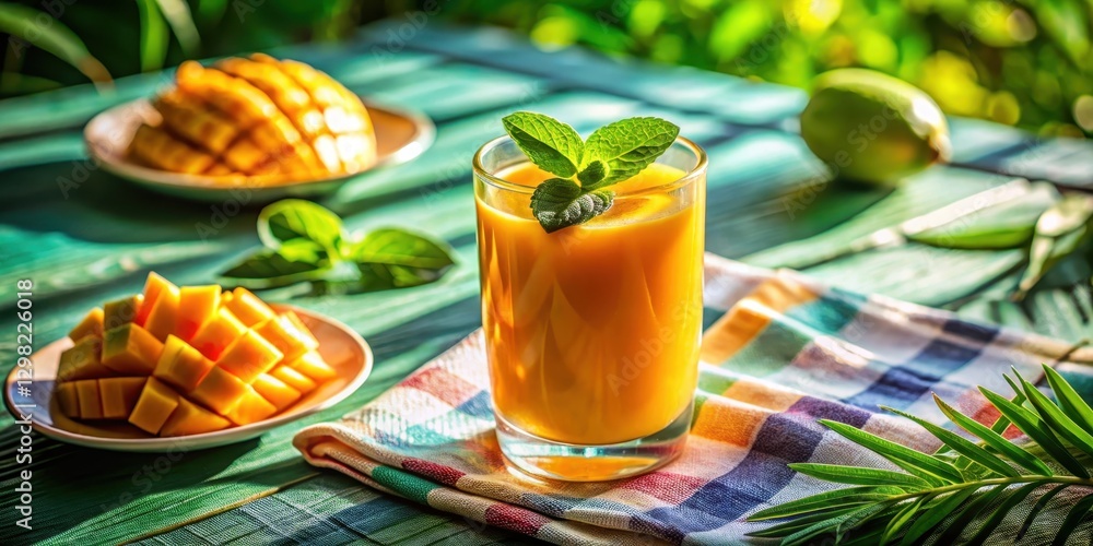 Fototapeta premium Refreshing Mango Smoothie with Mint Garnish on a Sunny Day