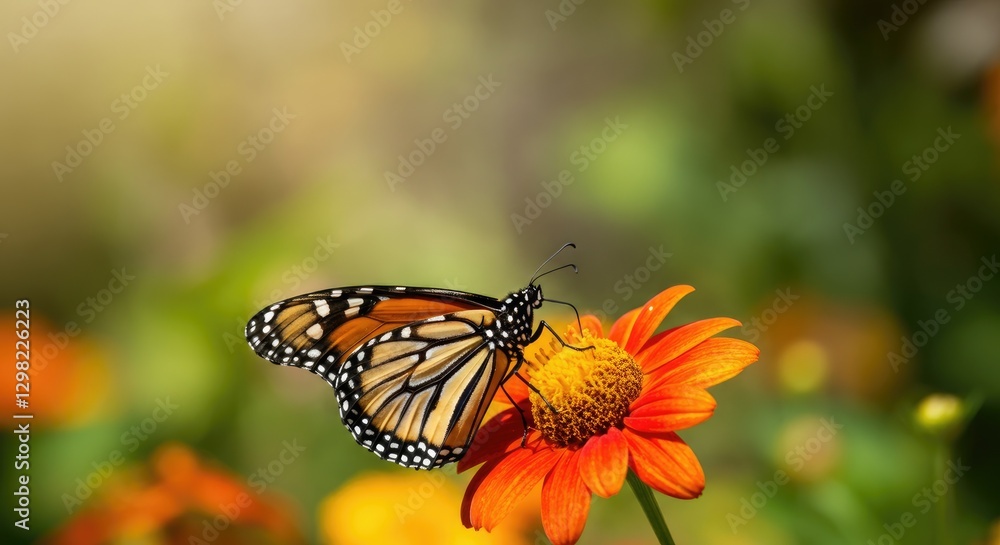 Obraz premium Monarch butterfly feeds on bright orange flower in garden