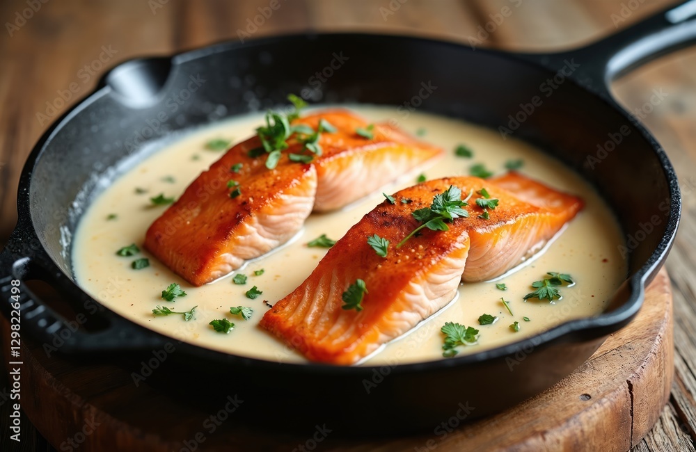Two cooked salmon fillets with herbs in frying pan with cream sauce. Healthy dish, gourmet seafood cuisine. Restaurant serving, fish recipe ideas. Culinary photography for food blog. Two cooked salmon fillets with herbs in frying pan with cream sauce. Healthy dish, gourmet seafood cuisine. Restaurant serving, fish recipe ideas. Culinary photography for food blog.