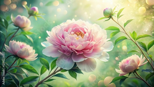 Serene Pink Peonies Blooming in a Sunlit Garden, a Visual Representation of Natural Beauty and Tranquility