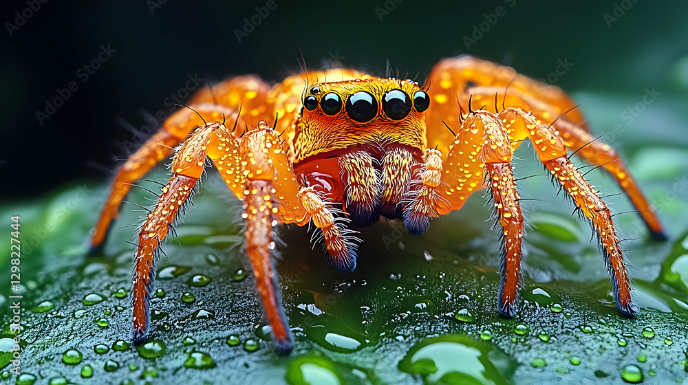 Vibrant orange jumping spider on dew-covered leaf Vibrant orange jumping spider on dew-covered leaf