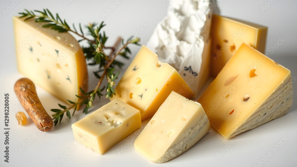 An appealing assortment of gourmet cheeses with various textures and flavors, complemented by fresh herbs, perfect for a tasting platter or cheese board. An appealing assortment of gourmet cheeses with various textures and flavors, complemented by fresh herbs, perfect for a tasting platter or cheese board.