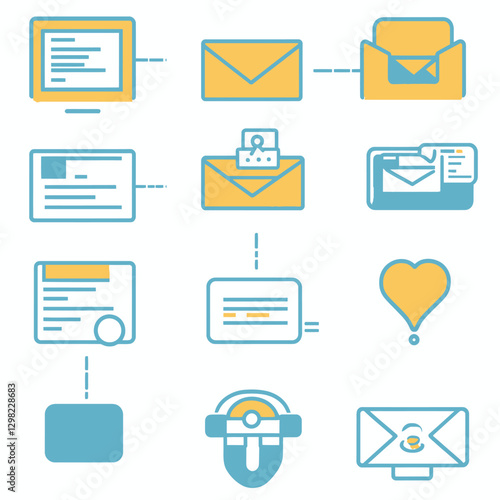 Email communication flowchart with messages, security and support icons