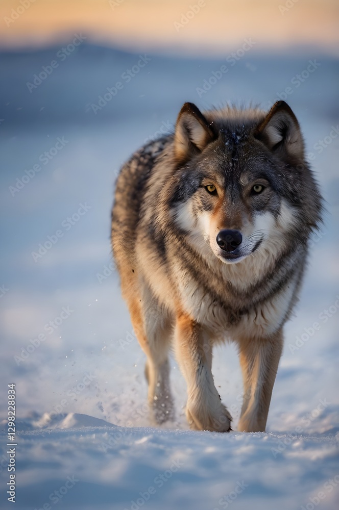 Fierce Wolf Walking Through a Snowy Forest with an Intense Gaze Fierce Wolf Walking Through a Snowy Forest with an Intense Gaze