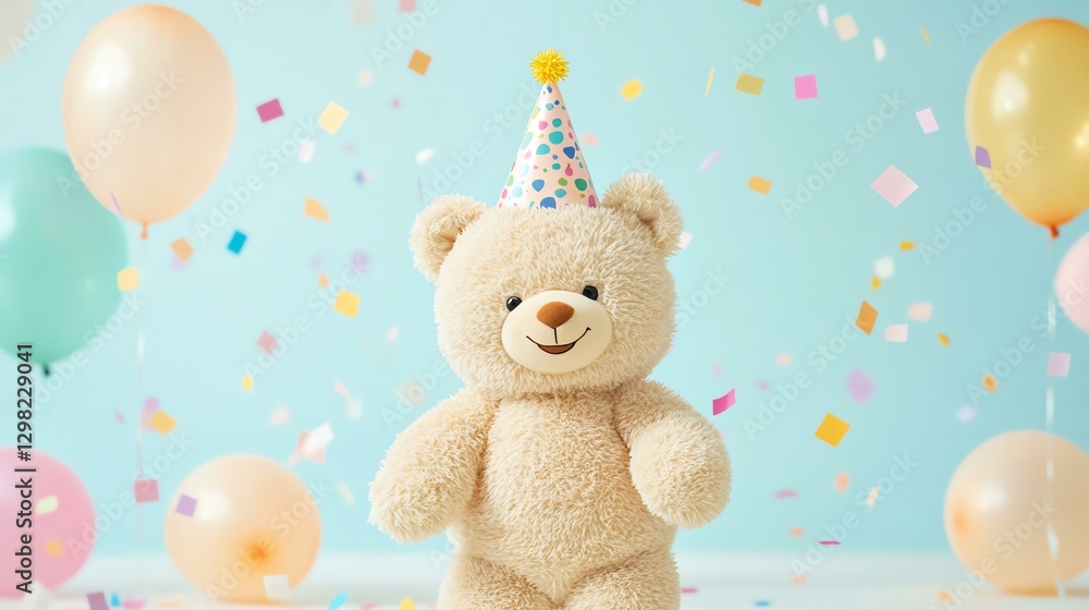 Happy Birthday Cute Animal Illustration, Cute teddy bear at a festive celebration. Happy Birthday Cute Animal Illustration, Cute teddy bear at a festive celebration.