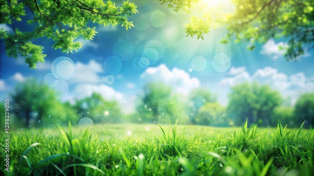 Fototapeta premium Serene Spring Meadow Landscape Lush Green Grass, Vibrant Foliage, and a Sunny Sky with Gentle Bokeh Effects