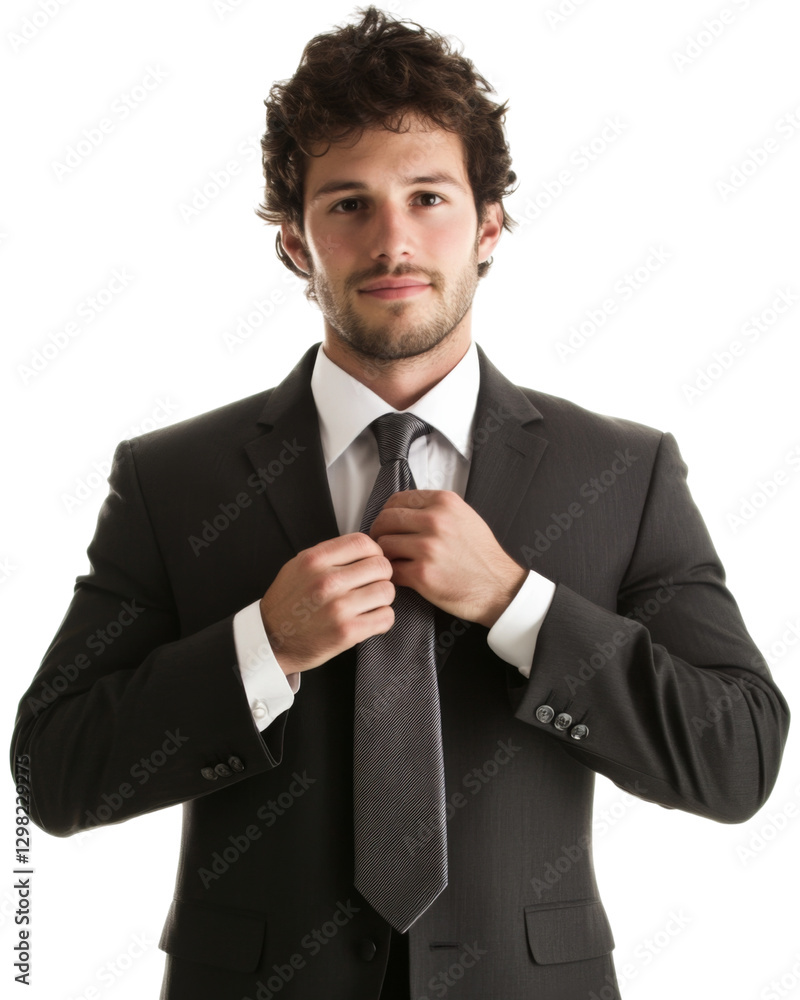 Confident businessman adjusting his tie on transparent background Confident businessman adjusting his tie on transparent background