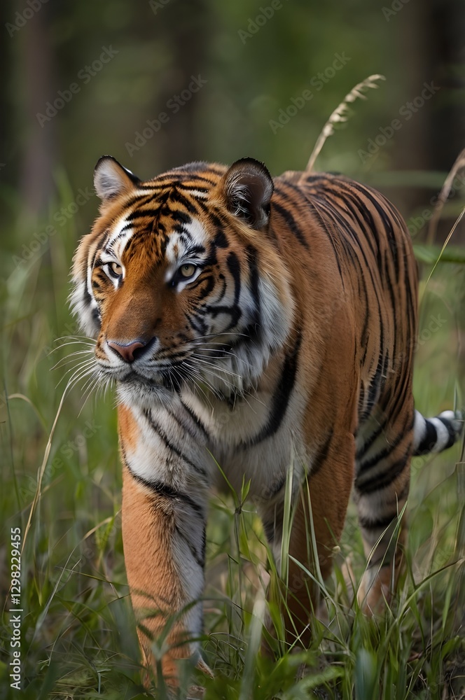 Fototapeta premium Majestic Tiger Striding Through the Tall Grass of the Jungle