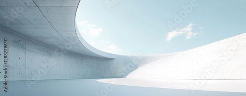 modern concrete building interior with a large open space and a white curved wall, against a light blue sky background. Minimalist architecture concept