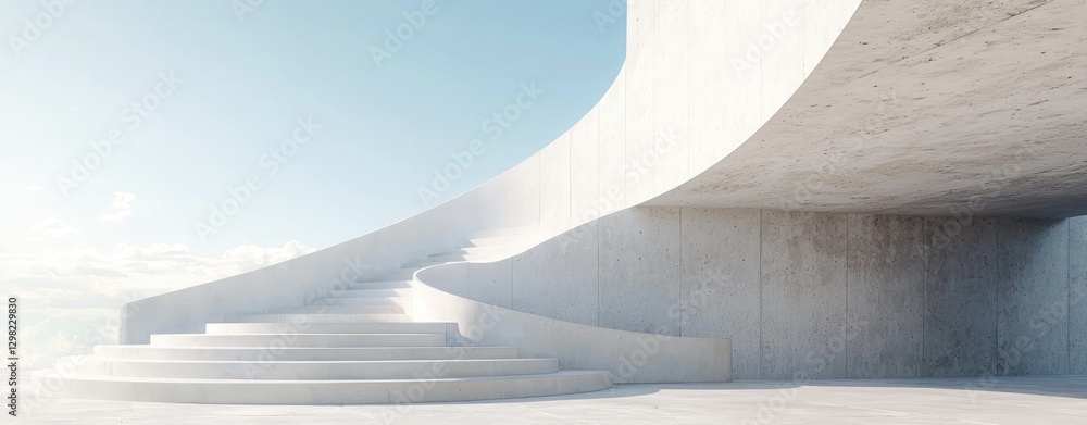 modern concrete building interior with a large open space and a white curved wall, against a light blue sky background. Minimalist architecture concept modern concrete building interior with a large open space and a white curved wall, against a light blue sky background. Minimalist architecture concept