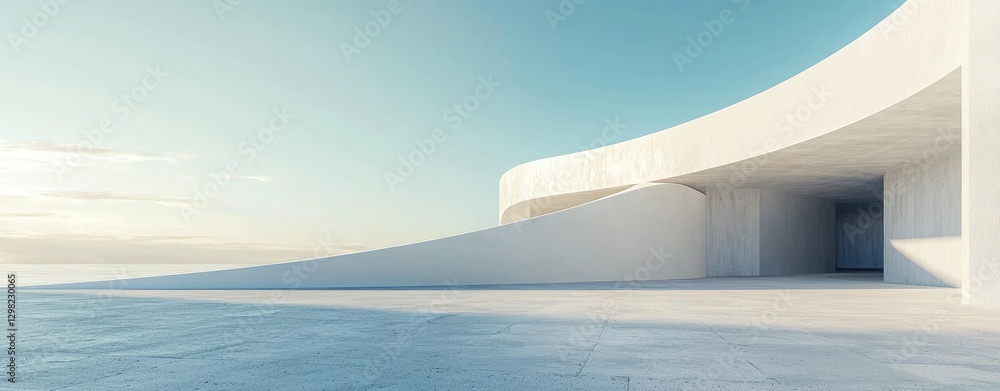 modern concrete building interior with a large open space and a white curved wall, against a light blue sky background. Minimalist architecture concept modern concrete building interior with a large open space and a white curved wall, against a light blue sky background. Minimalist architecture concept