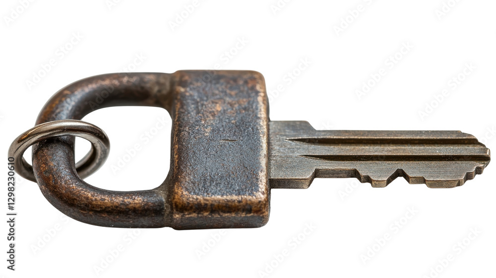 Old metal key with a round handle attached to a keyring resting on a plain background Old metal key with a round handle attached to a keyring resting on a plain background
