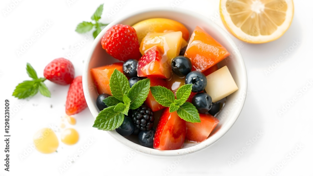 A vibrant fruit salad featuring an assortment of fresh berries, tropical fruits, and mint, perfect for a healthy snack or refreshing dessert on a sunny day. A vibrant fruit salad featuring an assortment of fresh berries, tropical fruits, and mint, perfect for a healthy snack or refreshing dessert on a sunny day.