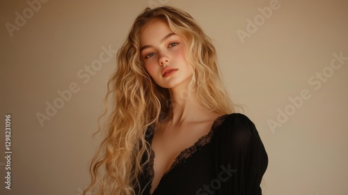 beautiful young woman with long blonde curly hair in black dress