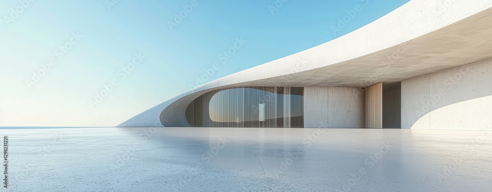 Fototapeta premium empty concrete floor with a curved wall and an entrance door in a modern minimalist architectural background, an interior design concept scene