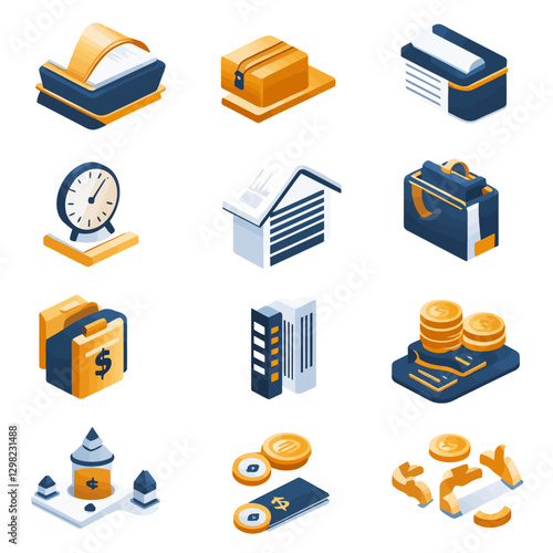 Isometric Business Icons: Document, Package, Clock, Building, Money, Office