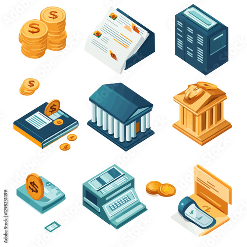 Financial isometric icons collection featuring banking and money concepts